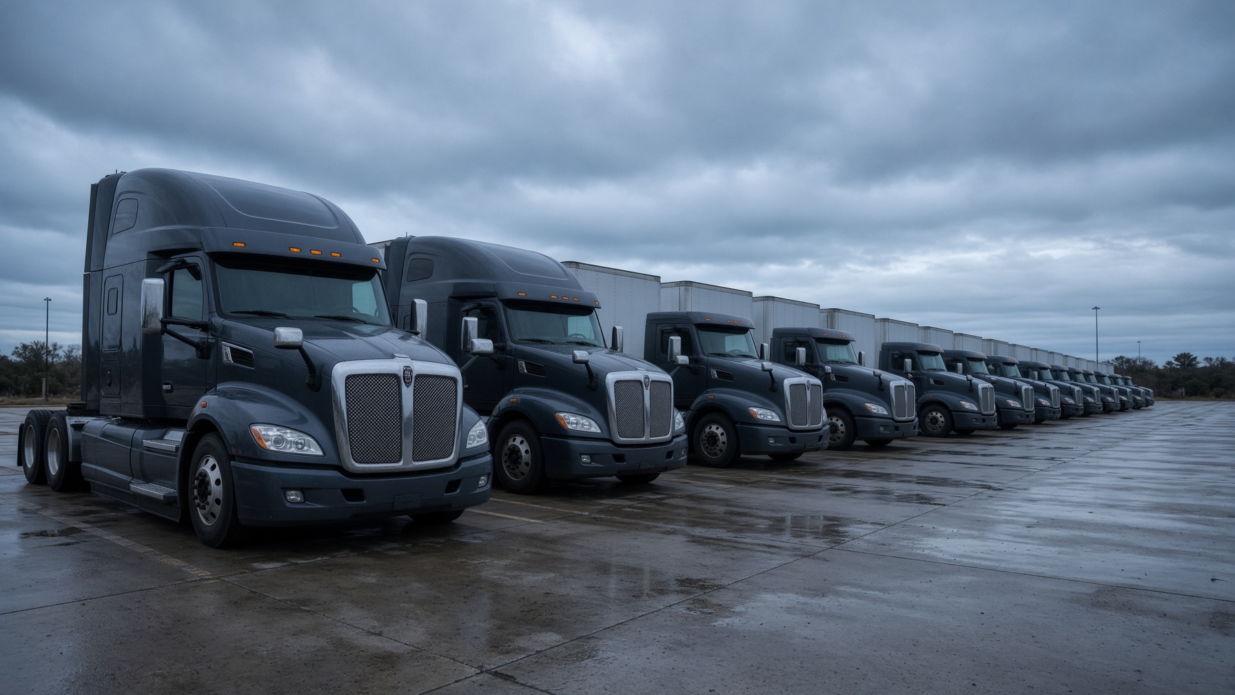 Class 8 tractors lined up at a terminal in cool morning light, with no carrier names visible.